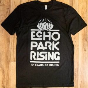 Black tshirt with grey Echo Park Rising 10 Years of Rising logo
